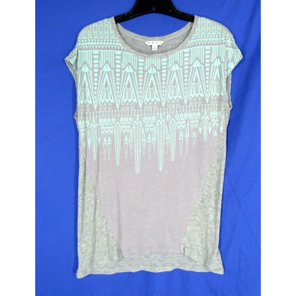 CABI #353 RIBBED KNIT Gray/Mint AZTEC PRINT Pullover SANTA FE TRIBAL TEE/Top S